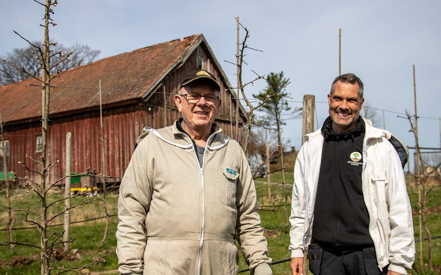Biodlaren Gunnar Landegren har två av sina bikupor hemma hos Fredrik Persson (till höger) i Ör.